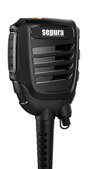 angled front view of mRSM - mini remote speaker microphone in black with PTT