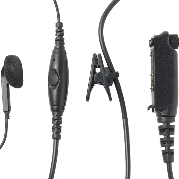 GSM-Style hands-free kit consisting of separate ear piece, in-line microphone and PTT module. Terminated with RAC connector