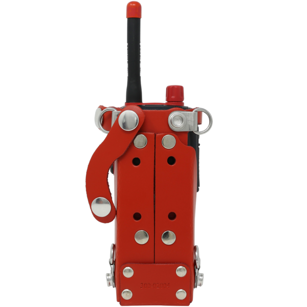 Back view of STP8X red leather case with radio inserted