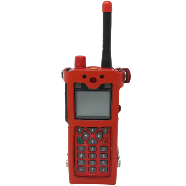 STP8X red leather case with radio inserted from front view