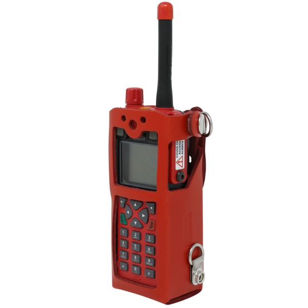 STP8X red leather case with radio inserted from side angled view