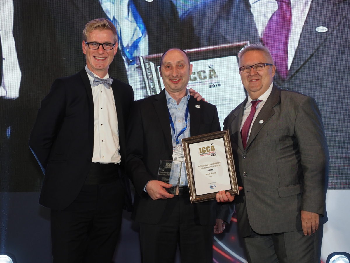 Peter Hudson (Head of Global TETRA Terminals Product Line, Sepura) with the Outstanding Contribution award he picked up ICCA award on behalf of Mark Rayne.