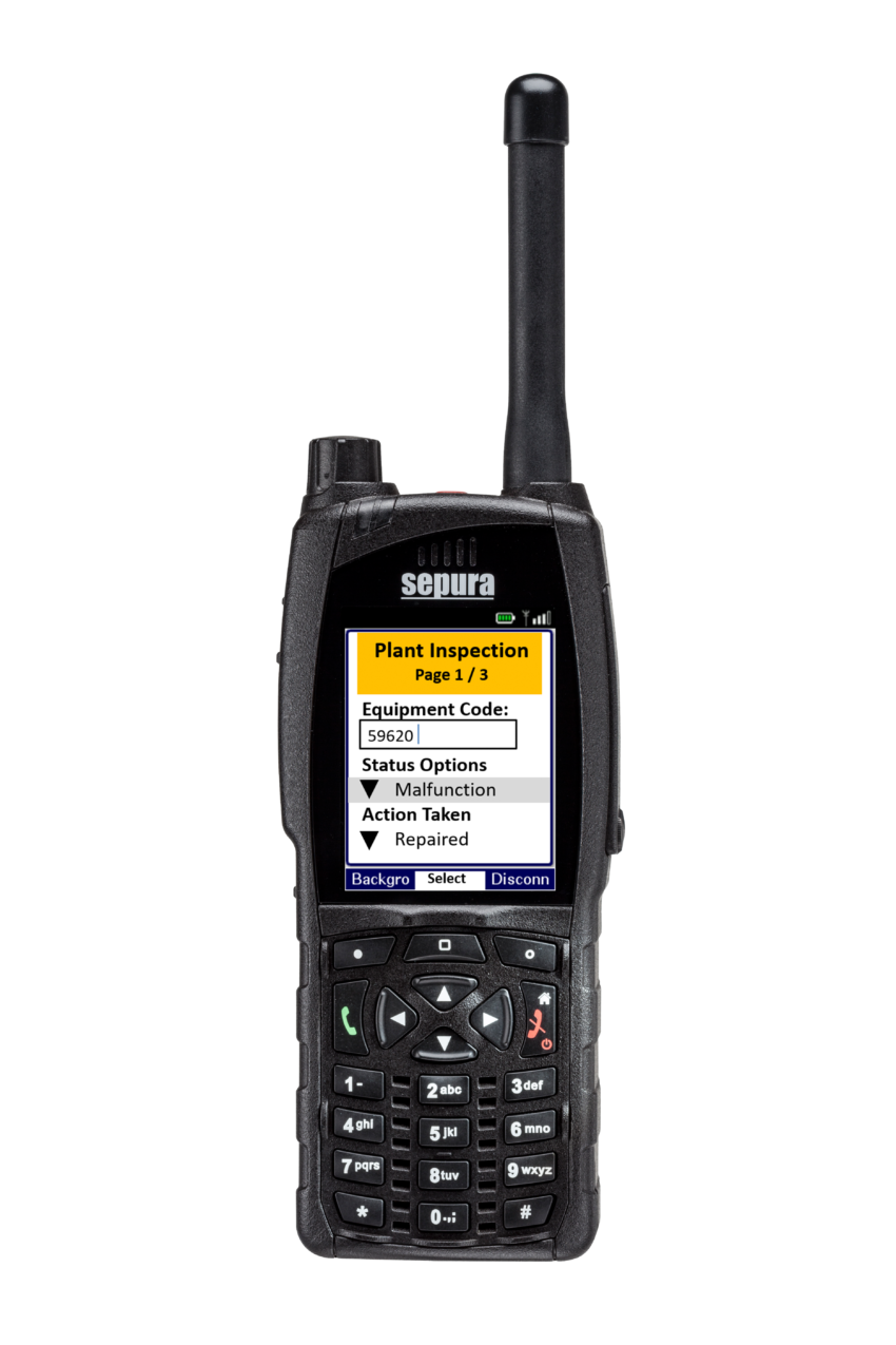 Sepura SC20 hand-portable radio Plant Inspection Alert application screen